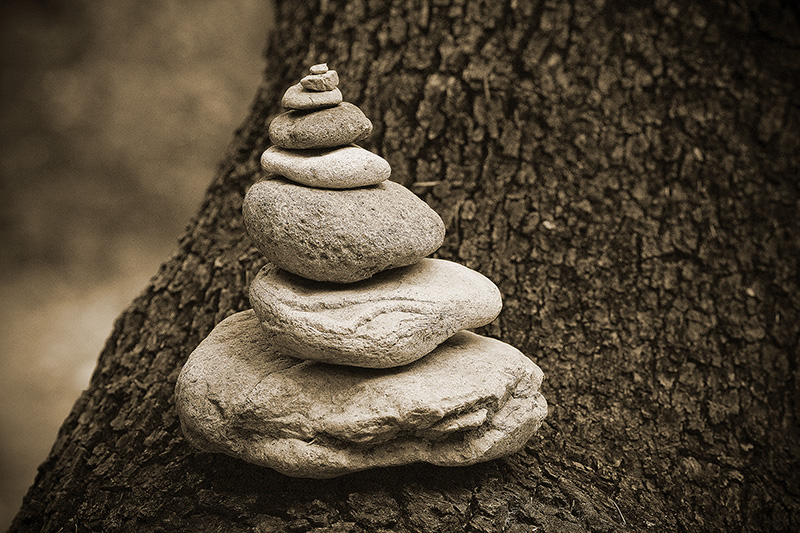 A pile of stacked river rocks balanced on a diagonal tree trunk.