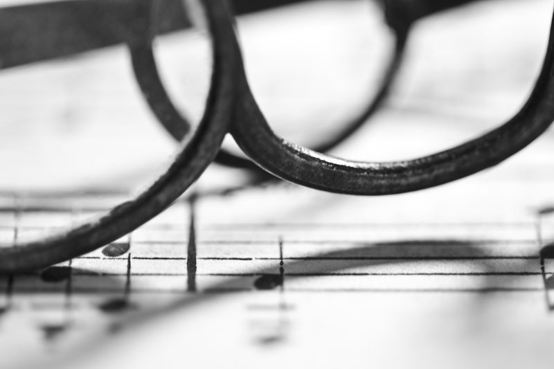A pair of antique glasses on a sheet of music.