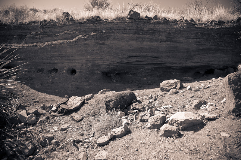 A rock shelter used by illegal immigrants in the side of the Paramore Crater, a volcanic maar in southeastern Arizona.