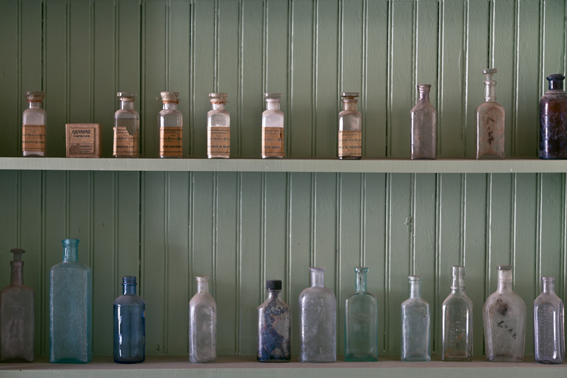 Shelves of empty bottles.