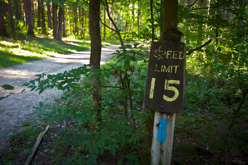 A speed limit sign along a segment of the North Country Trail in the Kellogg Experimental Forest.