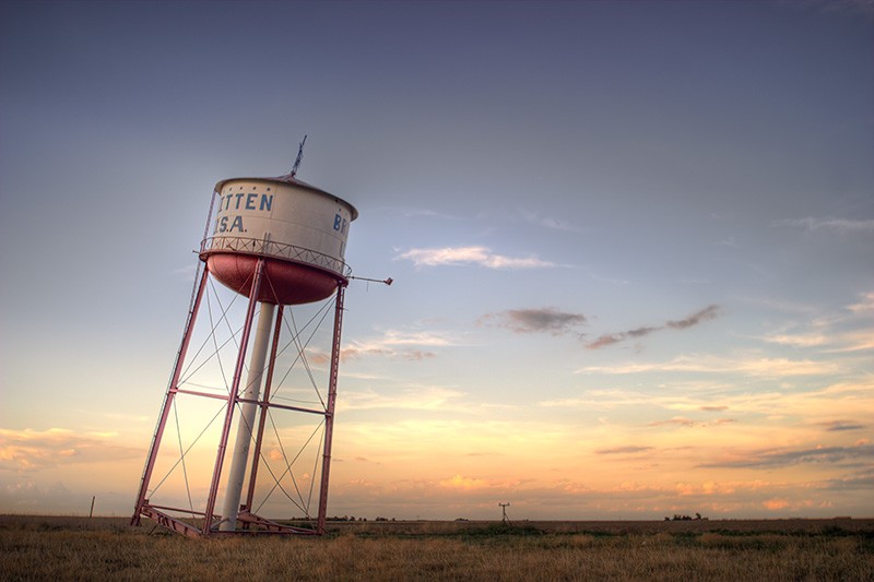 A leaning water tower just off Interstate 10 outside of Groom, Texas.