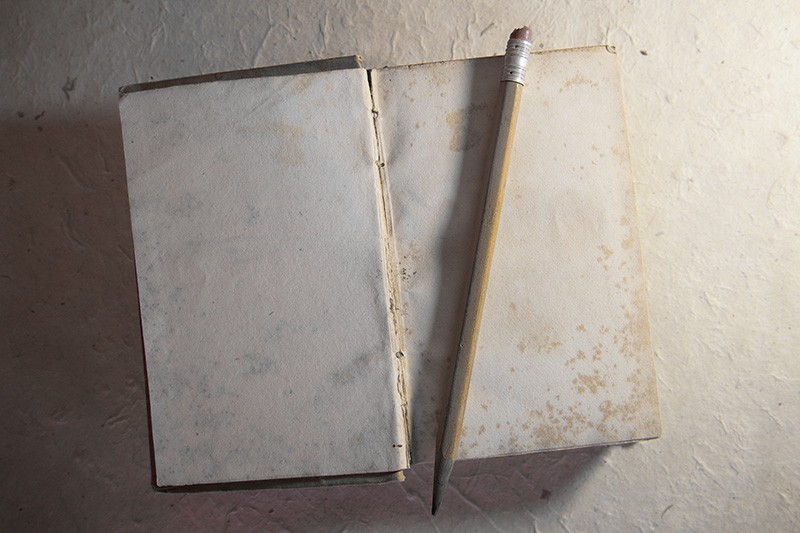 An old, weathered book open to a blank page, and a pencil sitting atop.