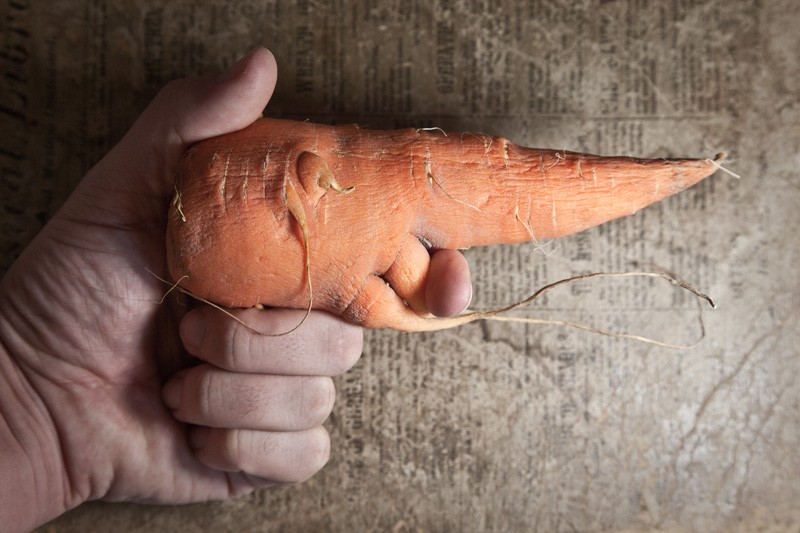 A hand holding a strange-looking carrot like it's a gun, which it clearly isn't.