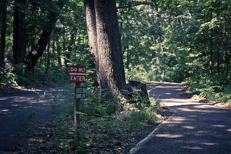A "Do Not Enter" sign on a sun-dappled path.