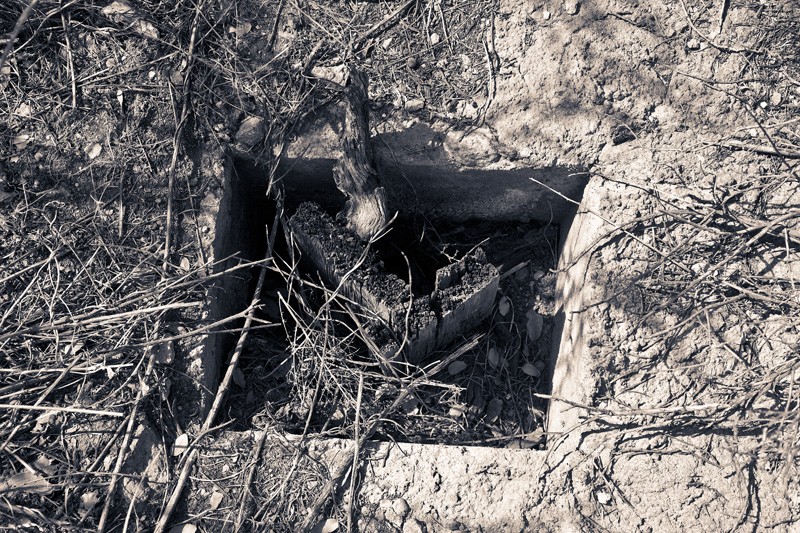 Part of a wooden post turned diagonally in a square hole in a concrete dam in a canyon in the Peloncillo Mountains.