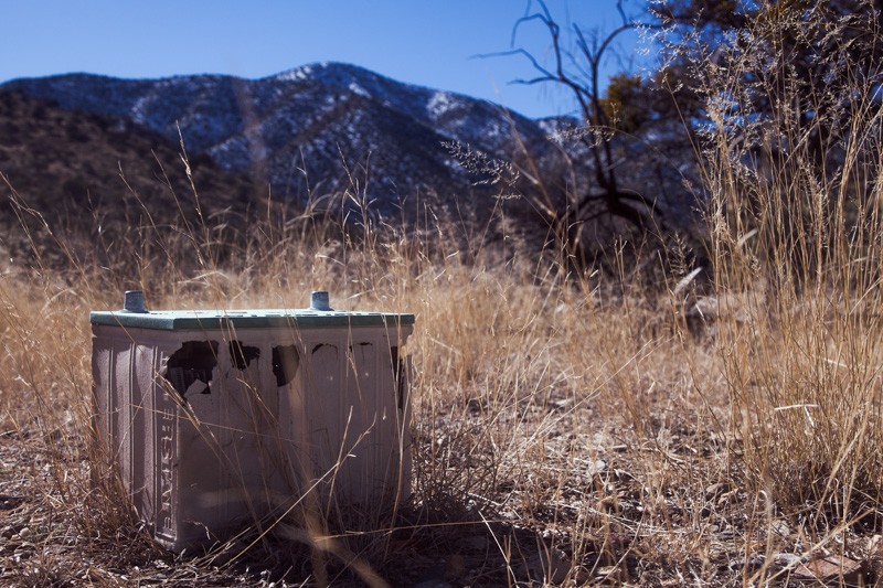 A car battery abandoned within the Dos Cabezas Wilderness.