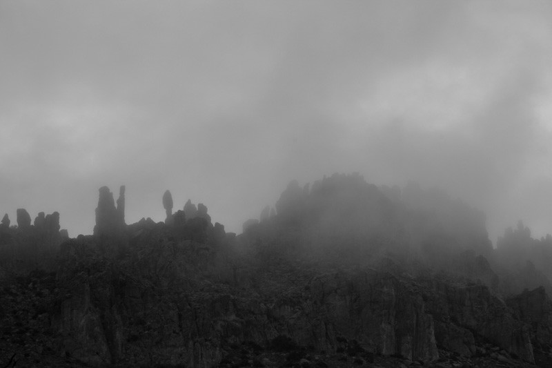 A cloudy, foggy ridgetop in the Peloncillo Mountains of Southwestern New Mexico.